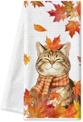 Fall Kitchen Towels, Cat Waffle Hand Towels 16x24 Inch 1-Pack by CusugbasoHomeDecor