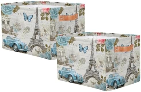 AUUXVA Storage Basket Vintage Paris Eiffel Tower Rose Flower Old Car Storage - Image 2