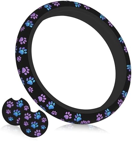 Purple Dog Paw Print Steering Wheel Cover + Dogs Prints 2 Pc Car Coasters by Unknown