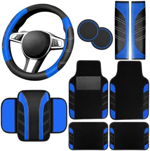 NBTEPEM 10 Pcs Blue Car Floor Mats Full Set & Sport Leather Blue Steering Wheel by NBTEPEM