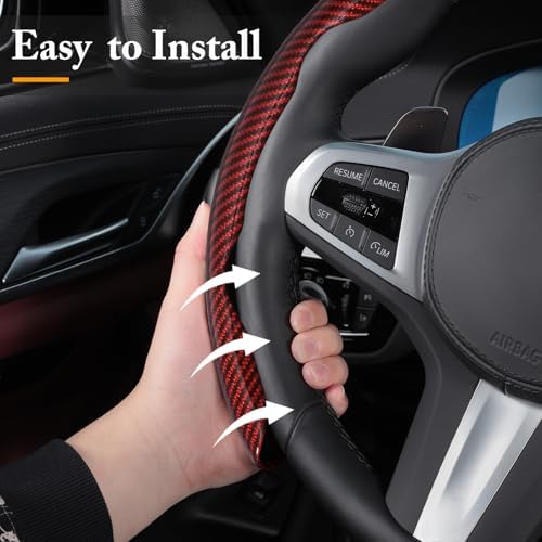 Carbon Fiber Steering Wheel Cover Universal 3pcs Protector Glossy Red - Image 4
