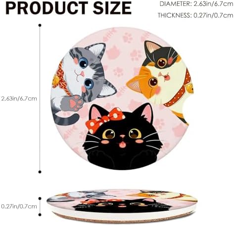 Cats Car Coasters for Cup Holders Set of 2 Pink Paws Absorbent Ceramic Cup - Image 3