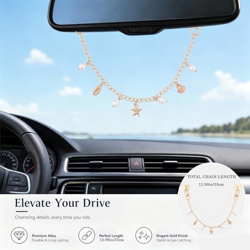 Cute Rearview Mirror Charm Boho Aesthetic Pearl Starfish Chain - Image 2