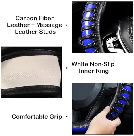 3D Massage Blue Carbon Fiber Leather Steering Wheel Cover, 14.5-15 Inch - Image 4