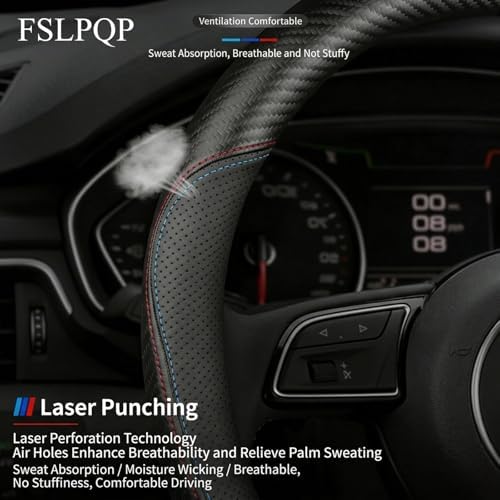 Microfiber Leather Steering Wheel Cover, Round Carbon Fiber Two-tone Wire Trim - Image 4