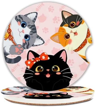 Cats Car Coasters for Cup Holders Set of 2 Pink Paws Absorbent Ceramic Cup by Unknown