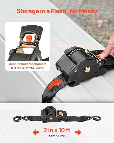 VEVOR Retractable Ratchet Straps, 2 in x 10 ft, Tie Down Straps - Image 3