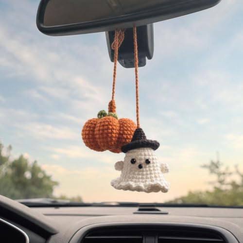 Halloween Crochet Pumpkin Ghost Car Mirror Pendant Charm - Image 5