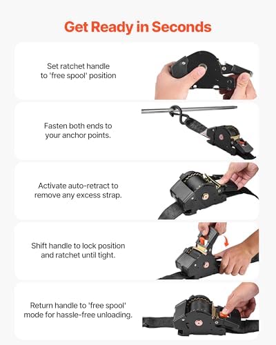 VEVOR Retractable Ratchet Straps, 2 in x 10 ft, Tie Down Straps - Image 6