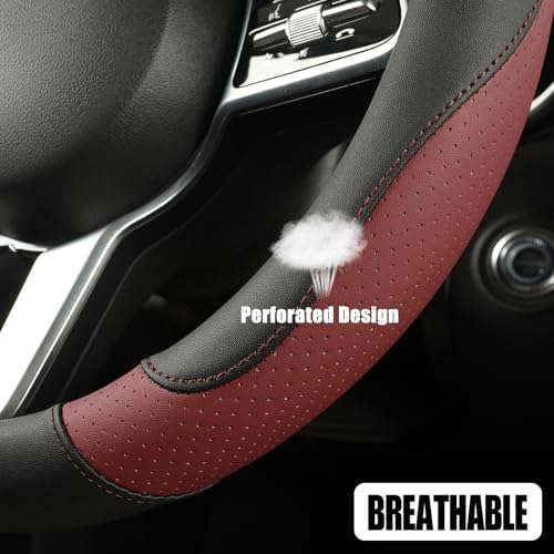 Black Burgundy Breathable Microfiber Leather Steering Wheel Cover - Image 3