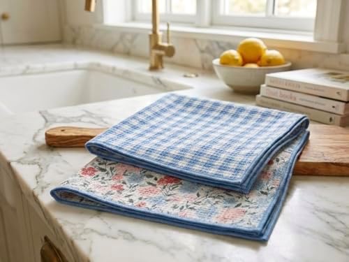 Blue and Pink Floral Kitchen Towels, Waffle Weave Microfiber, 2 Pack - Image 7