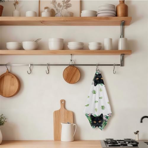 Cute Cat Tropical Plants Kitchen Towels, Spring Summer Greenery Hand Towels - Image 3