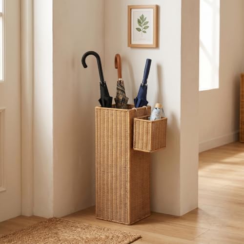 Rattan Umbrella Stand with Drip Tray, Umbrella Holder with Small Basket - Image 2
