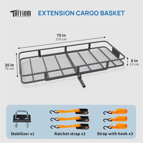 TUFFIOM 70"x30"x6" Folding Hitch Mount Cargo Carrier Basket, 500lbs Steel Car - Image 3