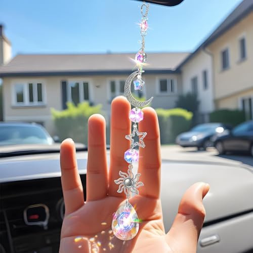 Moon and Star Rear View Mirror Charm, Crystal Boho Car Hanging Decor Cute by Unknown