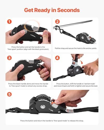 VEVOR Retractable Ratchet Straps, 1 in x 6 ft, Tie Down Straps - Image 6