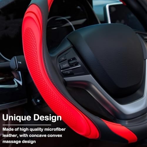 Concave Convex Massage Black Red Microfiber Leather Steering Wheel Cover - Image 4