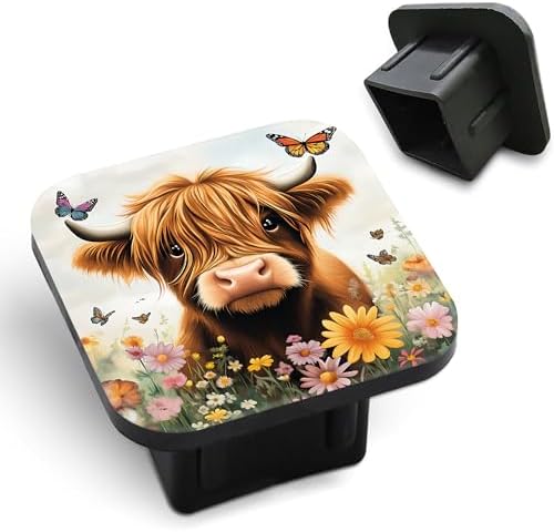 Cute Highland Cow Trailer Hitch Cover Floral and Butterfly Square 2 Inch by Unknown
