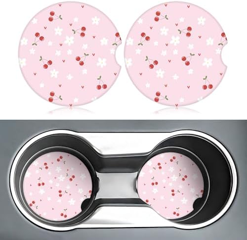 Pink Cherry Car Coasters for Cup Holders, 2 Pack Car Cup Holder Coasters for Car - Image 2