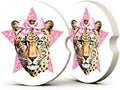 Pink Bow Car Coasters, Retro Leopard Print Coquette Cup Holders by Unknown