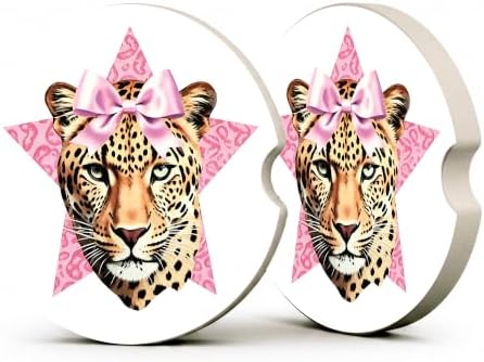Pink Bow Car Coasters, Retro Leopard Print Coquette Cup Holders by Unknown