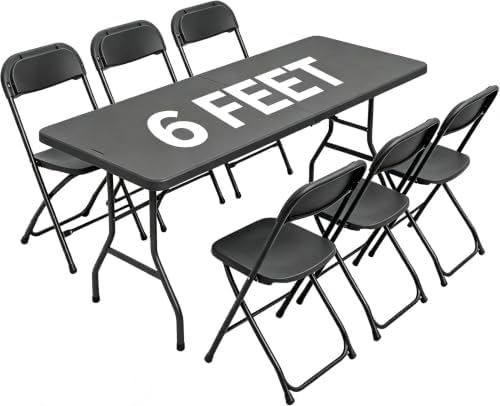 Black 6FT Folding Table with 6 Plastic Folding Chairs by WelcometoEDWINENE
