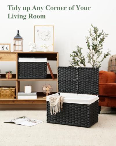 SETVSON Storage Basket with Lid PE Rattan Woven Storage Bins, 65L Black - Image 6