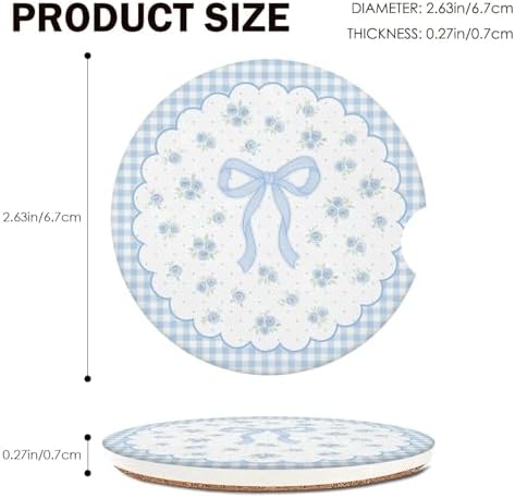 Blue Bow Car Coasters for Cup Holders Set of 2 Floral Absorbent Ceramic Cup - Image 4