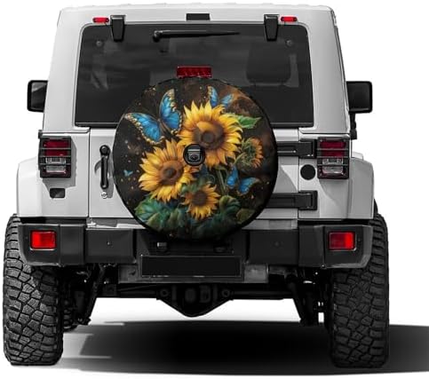 Sunflowers and Blue Butterflies Spare Tire Cover by Foruidea