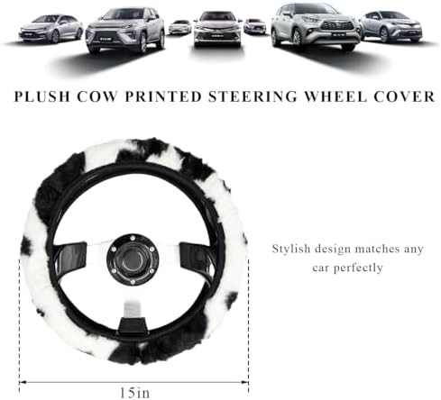 Cow Print Car Steering Wheel Cover, Cute Cow Print Anti-Slip Plush Wheel - Image 2