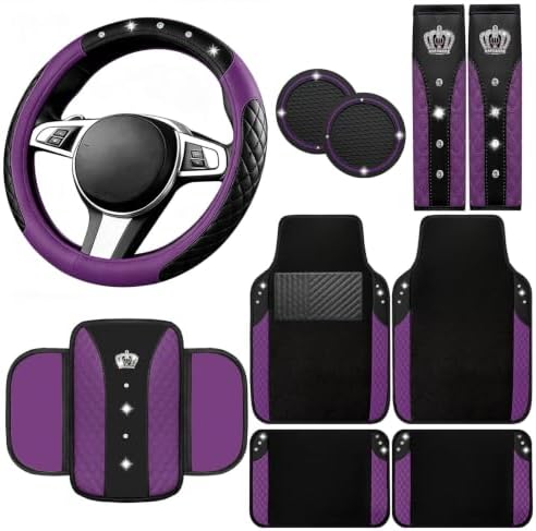 NBTEPEM 10 Pcs Bling Purple Car Floor Mats Set, Leather Purple Steering Wheel by NBTEPEM