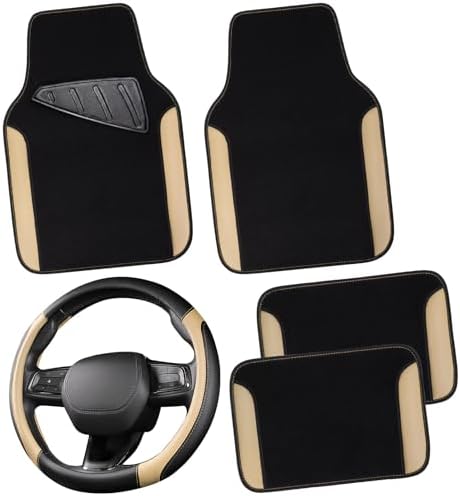 CAR PASS Faux Leather Steering Wheel Cover and Waterproof Car Floor Mats by CARPASS