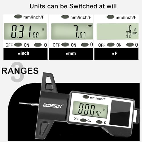 GODESON Digital Tire Tread Depth Gauge -Reads 32NDS, Inch & MM/Solar/Battery - Image 3