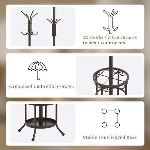 Coat Rack Freestanding With Umbrella Holder – Metal Hall Tree with 12 Hooks - Image 4