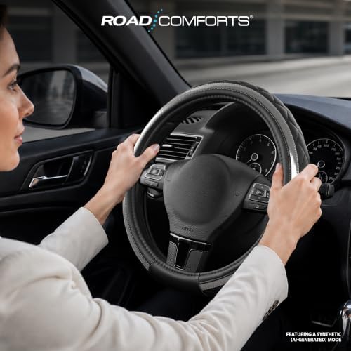 Road Comforts Leather Steering Wheel Cover – Black & Gray, Universal Fit - Image 3
