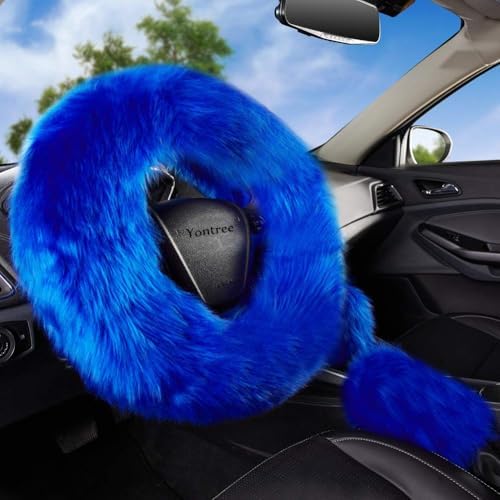 Blue Fluffy Sheepskin Car Steering Wheel Covers - Image 3