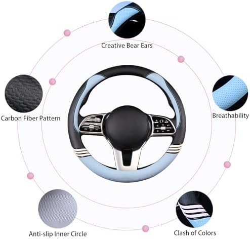 15 inch Cute Leather Steering Wheel Cover Black and Blue - Image 4