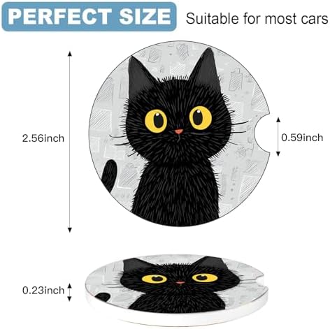 Ceramic Car Cup Holder Coasters Set of 2, 2.56 in Black Cat - Image 2