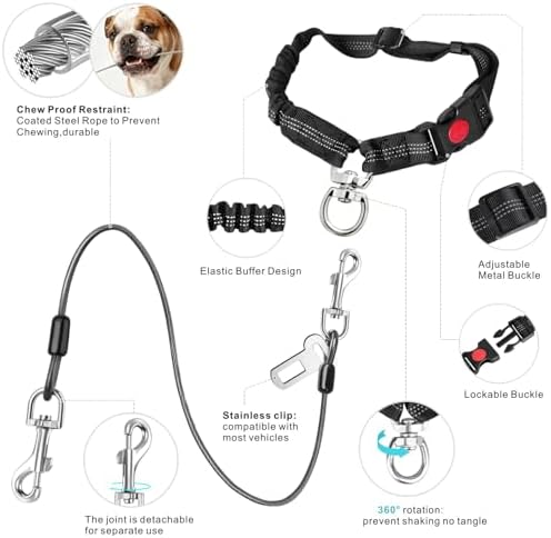 Idepet Dog Seat Belt for Car Stainless Steel 3 in 1 Dog Seatbelt 2Pcs Black - Image 2