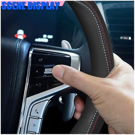 Craedli Black Dual-Line Nappa Leather Car Steering Wheel Cover 14.5-15 Inch - Image 5