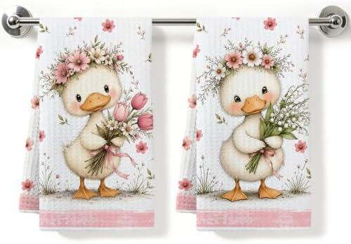 2 Pcs Cute Duck Kitchen Towels, Floral Soft Absorbent Hand Tea Towels by ZHAMEN