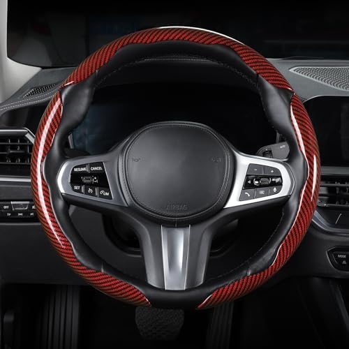 Carbon Fiber Steering Wheel Cover Universal 3pcs Protector Glossy Red - Image 6