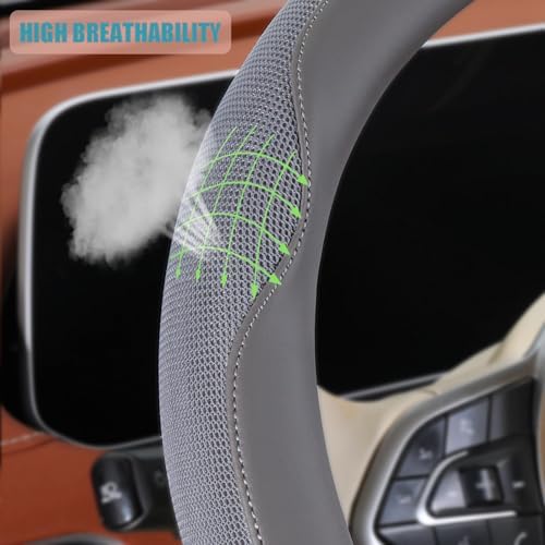 Nappa Leather Grey D Shaped Steering Wheel Cover 15 inch - Image 3