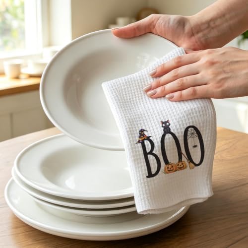 Fall Halloween Kitchen Towel, Boo Cat Pumpkin Gift Dish Towel - Image 3