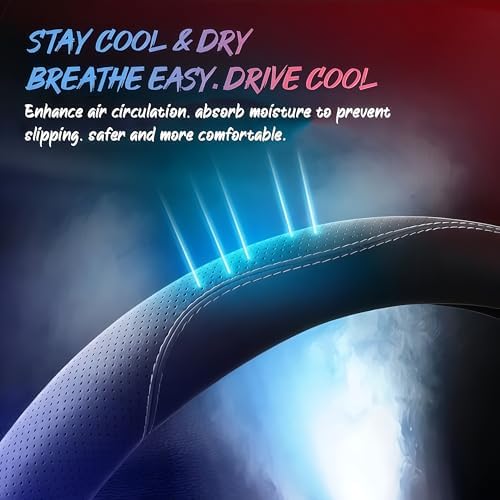 Leather Car Steering Wheel Cover, Breathable Laser-Perforated, Pure Black - Image 2