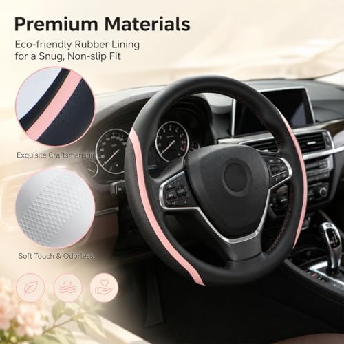 Steering Wheel Cover Black and Pink Leather Universal 14.5-15 inch - Image 6
