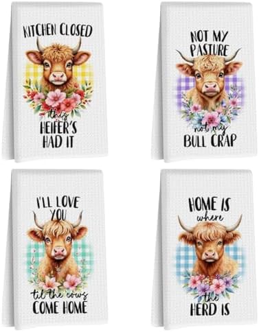 Lovdazzles 4 Pcs Funny Cow Kitchen Towels Decorative Tea Towel by Lovdazzles