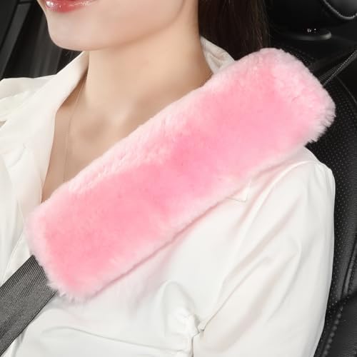AOGELAN 2 Pack Fluffy Fuzzy Genuine Sheepskin Car Seat Belt Cover Pad Pink by AOGELAN