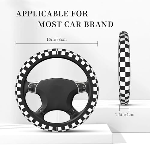 Black and White Checkered Steering Wheel Cover Rubber Anti-Slip 14.5-15 Inch - Image 2