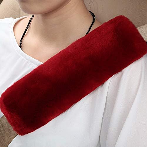 2 Pack Red Sheepskin Car Seat Belt Cover Pads | Soft Wool Seatbelt Cushions - Image 3